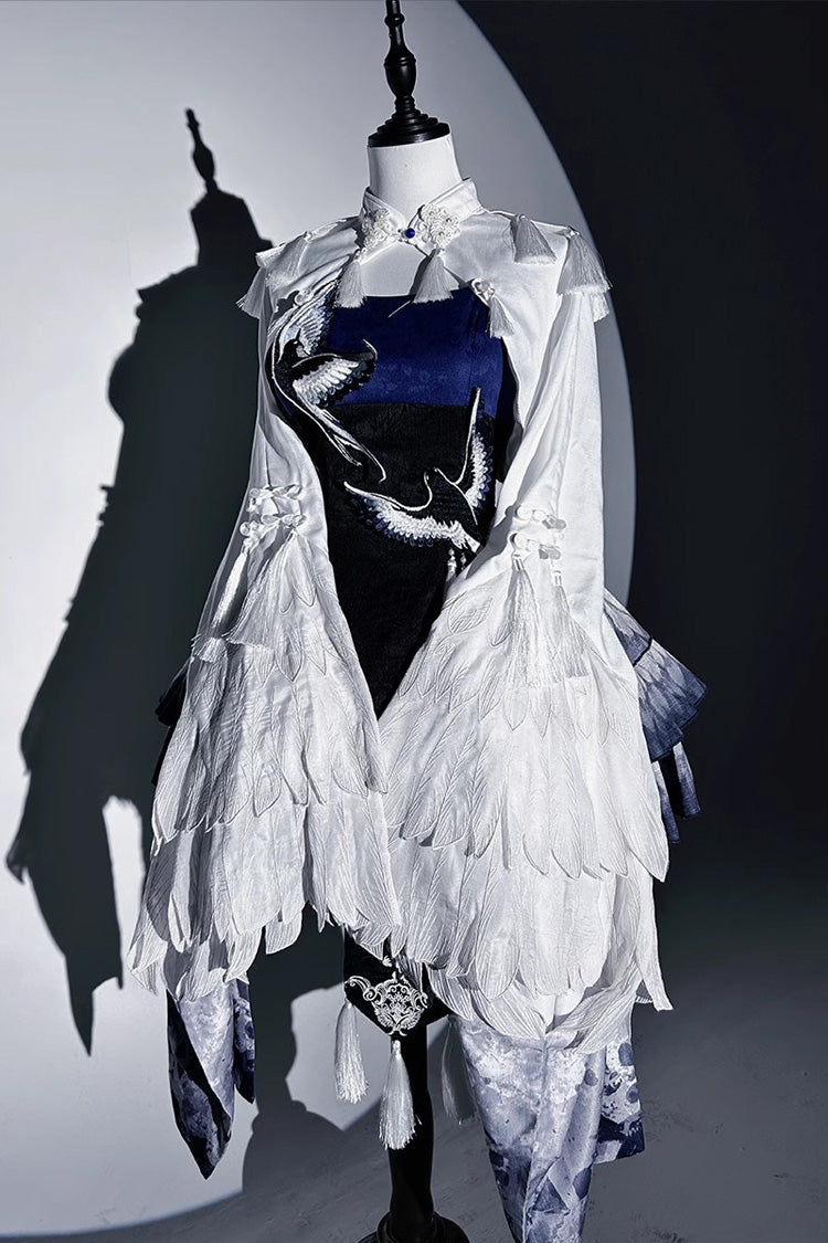 Dark Blue [Feathered Finch] Multi-Layered Print Ruffle Classic Chinese Style Lolita Jsk Dress Set - Product - 9