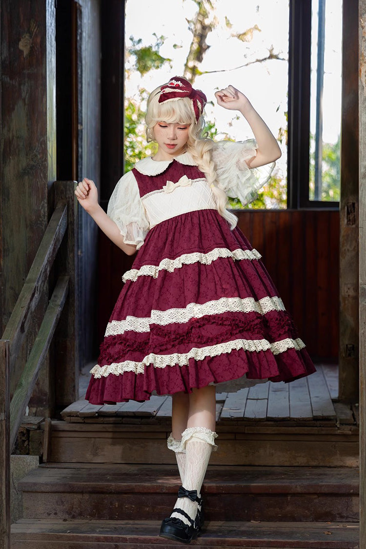 Kindergarten Class Theme Short Sleeves Jacquard Ruffle Bowknot Sweet Lolita Dress 3 Colors - Red - 9
