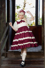 Kindergarten Class Theme Short Sleeves Jacquard Ruffle Bowknot Sweet Lolita Dress 3 Colors - Red - 9