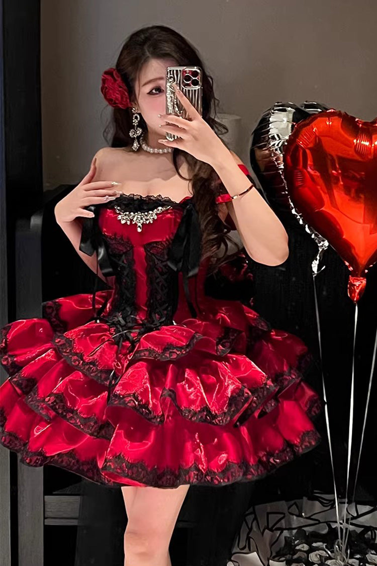 Red [Love Poems of the Heart] Sleeveless Triple-Layered Ruffled Lace Lace-Up Sweet Lolita Jsk Dress - Product - 7