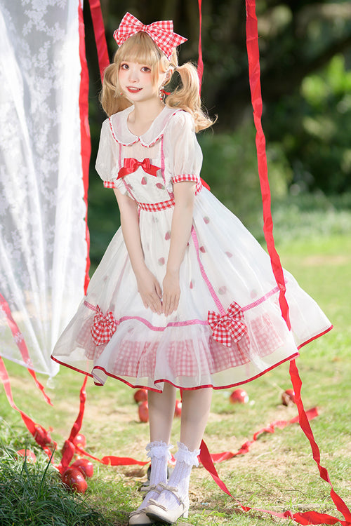 White/Red Round Collar Short Sleeves High Waist Strawberry Print Sweet Lolita Dress - Product - 2