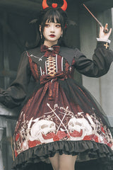 Black/Red Lapel Collar Long Sleeves High Waisted Printed Gothic Lolita OP Dress - Product - 2