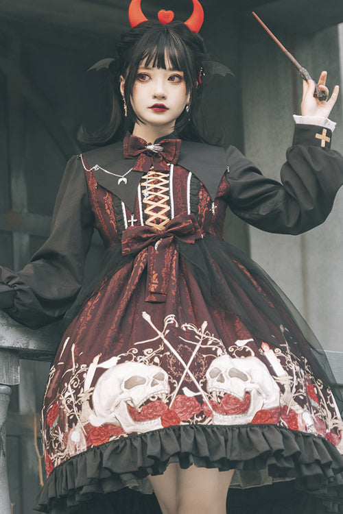 Black/Red Lapel Collar Long Sleeves High Waisted Printed Gothic Lolita OP Dress - Product - 2