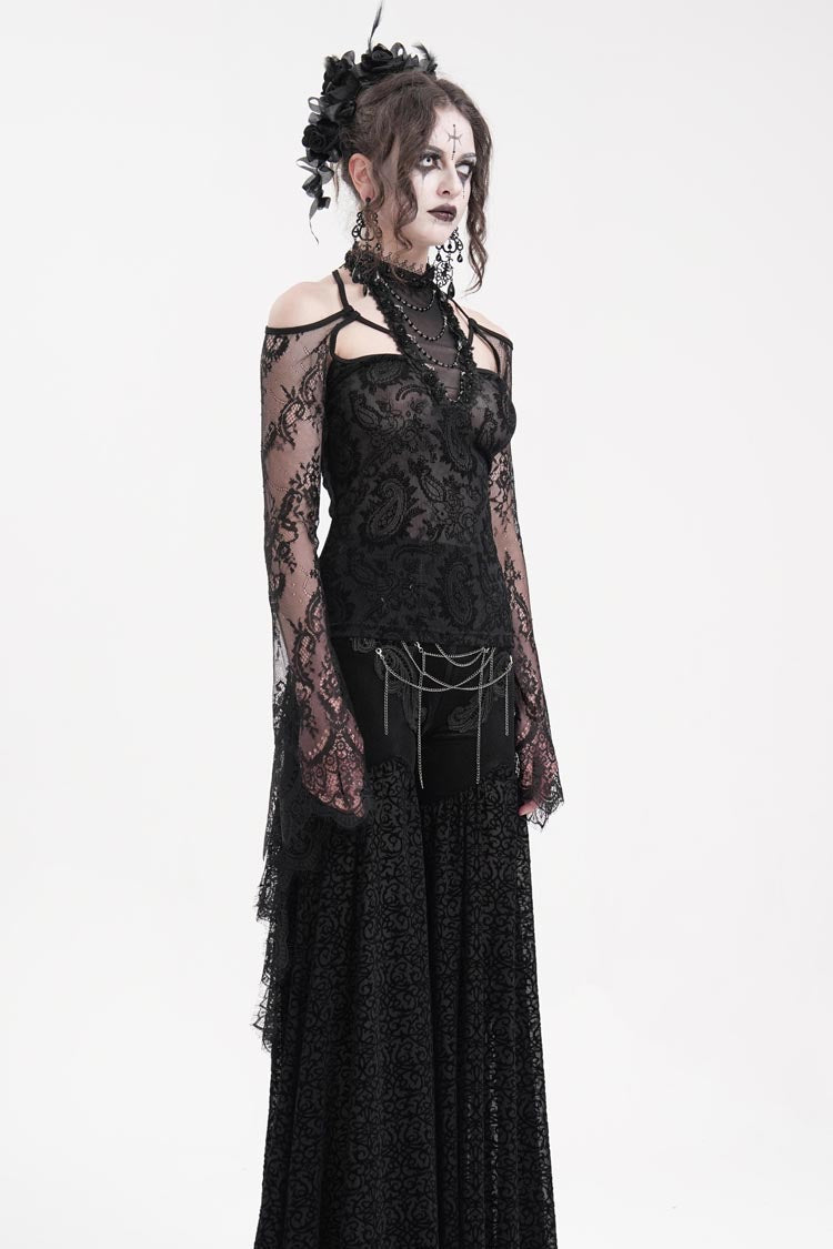 Black Long Sleeves Hollow Lace Mesh Ripped Women's Gothic Blouse - Product - 9