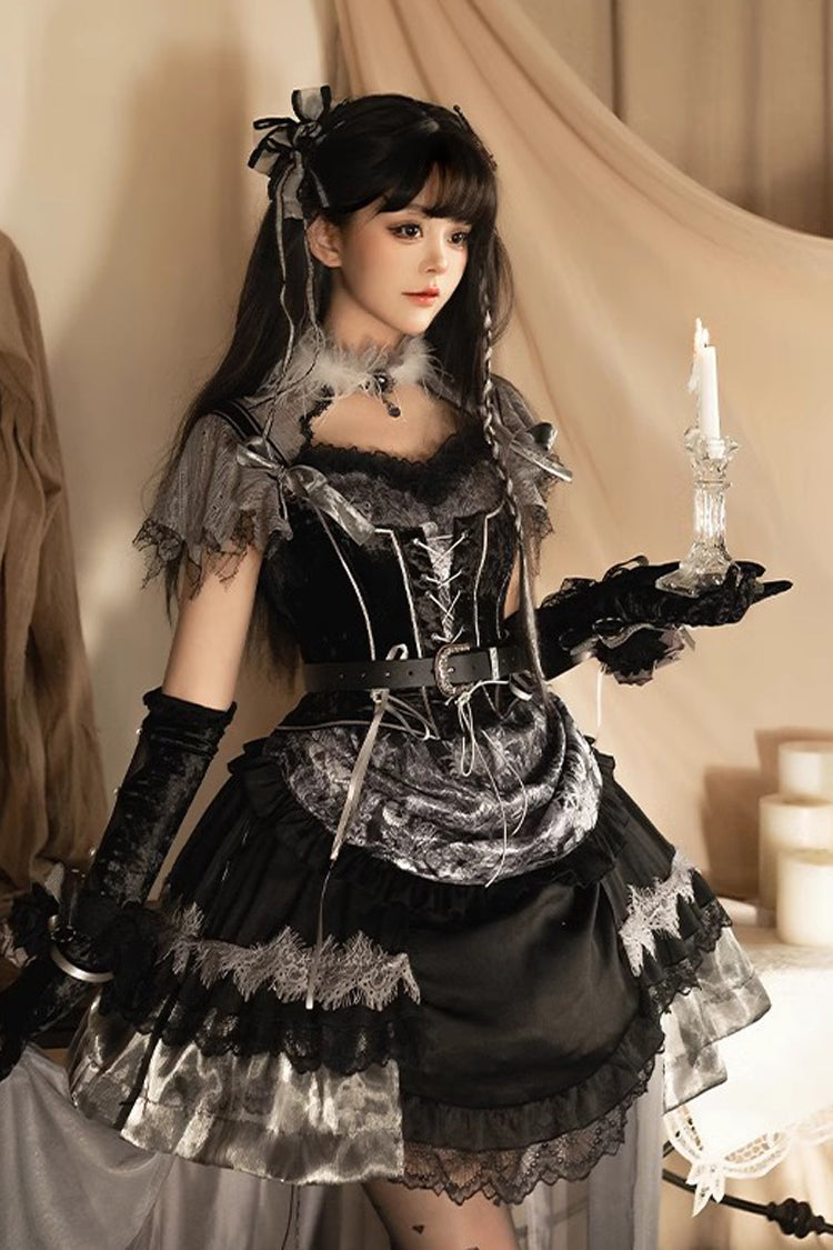 Black [Dark Night Rose] Short Sleeves Print Ruffle Bowknot Lace Asymmetric Gothic Lolita Dress - Black - 1