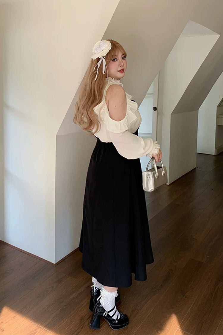 Black/White V Collar Off Shoulder Long Sleeves Ruffled Bow Faux Two-Piece Classic Plus Size Lolita Dress - Product - 10