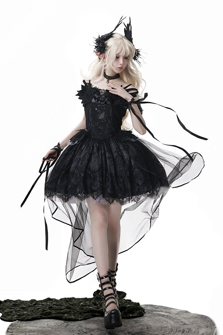 Black [Black Swan's Prayer] Sleeveless Ruffle Bowknot Gothic Ballet Lolita Jsk Dress - Black - 1