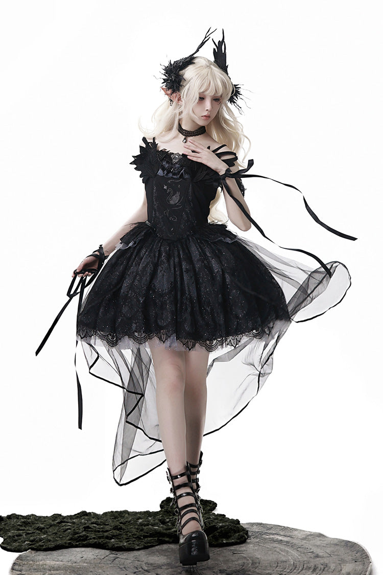 Black [Black Swan's Prayer] Sleeveless Ruffle Bowknot Gothic Ballet Lolita Jsk Dress - Black - 1