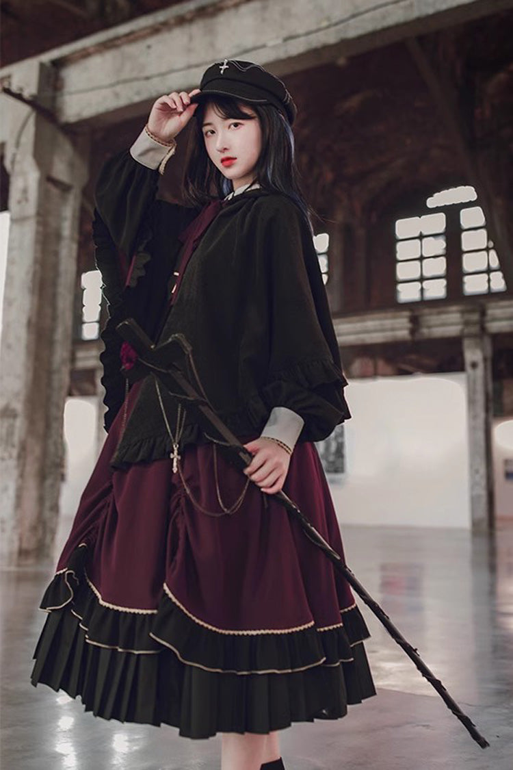Purple/Black Trainee Magician Fake Two Piece Long Sleeves Ruffle Pleated Gothic Lolita Dress - Product - 5