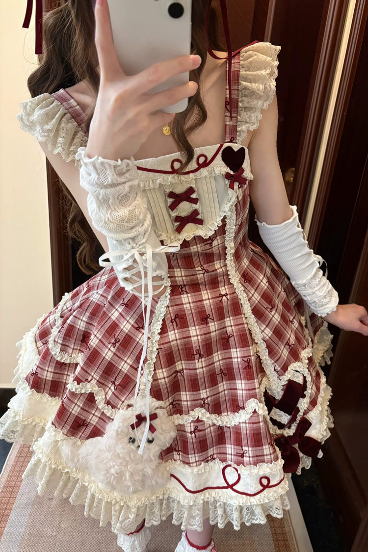Red Square Collar Sleeveless Plaid Printed Bow Spliced Lace Sweet Lolita Jsk Dress Set - Product - 3