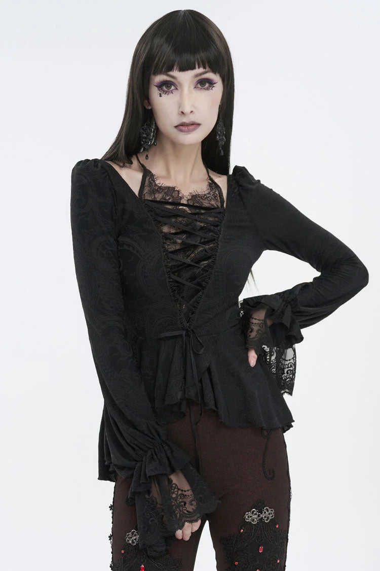 Black Ruffled Lace Splice Women's Gothic Shirt - Product - 2