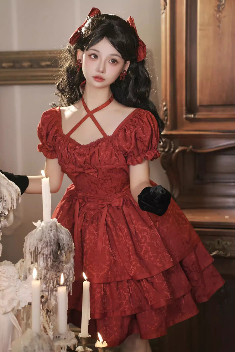 Red Thorn Rose Short Sleeves Multi-layer Ruffle Bowknot Gothic Princess Lolita Dress - Product - 2