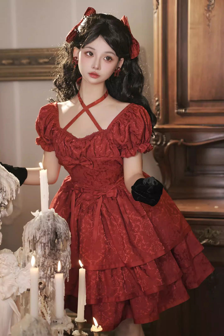 Red Thorn Rose Short Sleeves Multi-layer Ruffle Bowknot Gothic Princess Lolita Dress - Product - 2
