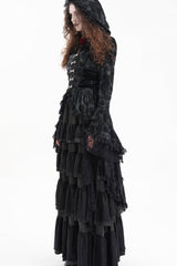 Black Long Trumpet Sleeves Multi-Layered Embroidery Lace Hooded Ripped Women's Gothic Jacket - Product - 4