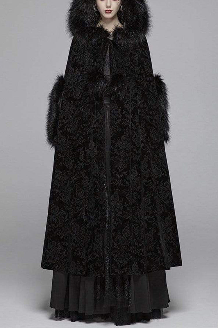 Black Fur Hood Front Fuzzy Ball Bandage Long Women's Gothic Cloak - Black - 1