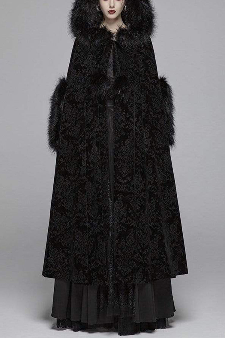 Black Fur Hood Front Fuzzy Ball Bandage Long Women's Gothic Cloak - Black - 1