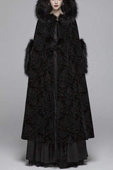Black Fur Hood Front Fuzzy Ball Bandage Long Women's Gothic Cloak - Black - 1