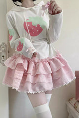 White/Pink Long Sleeves Triple-Layered Strawberry Print Hooded Sweet Lolita Dress - White/Pink - 1