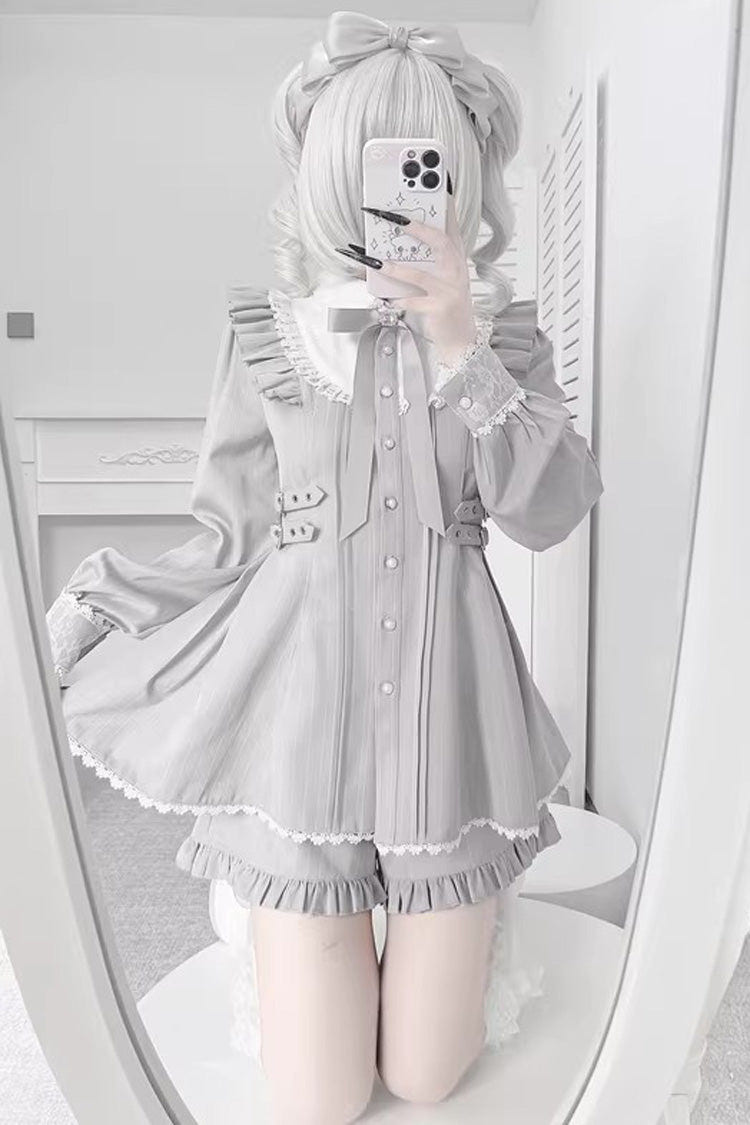 Grey Doll Collar Long Sleeves Ruffled Sweet Jirai Kei Dress - Product - 4