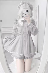 Grey Doll Collar Long Sleeves Ruffled Sweet Jirai Kei Dress - Product - 4