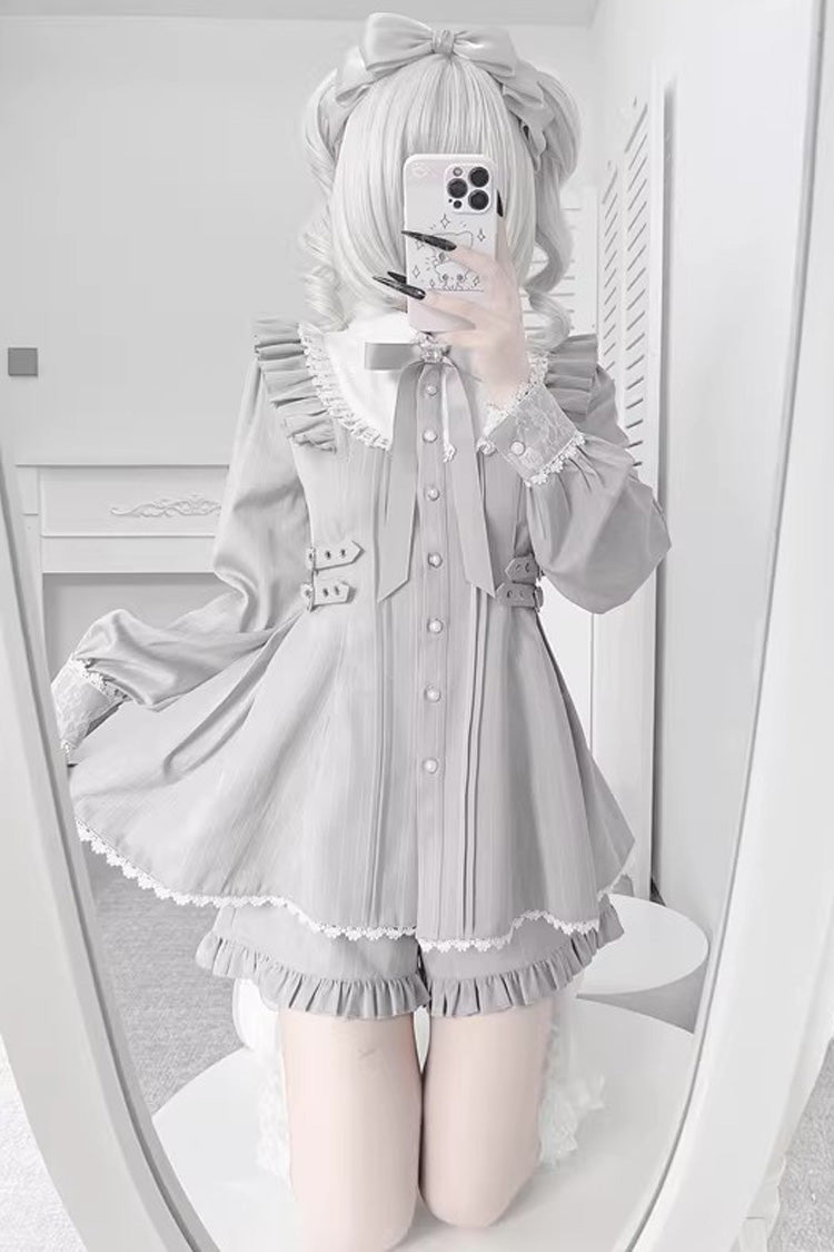 Grey Doll Collar Long Sleeves Ruffled Sweet Jirai Kei Dress - Product - 4