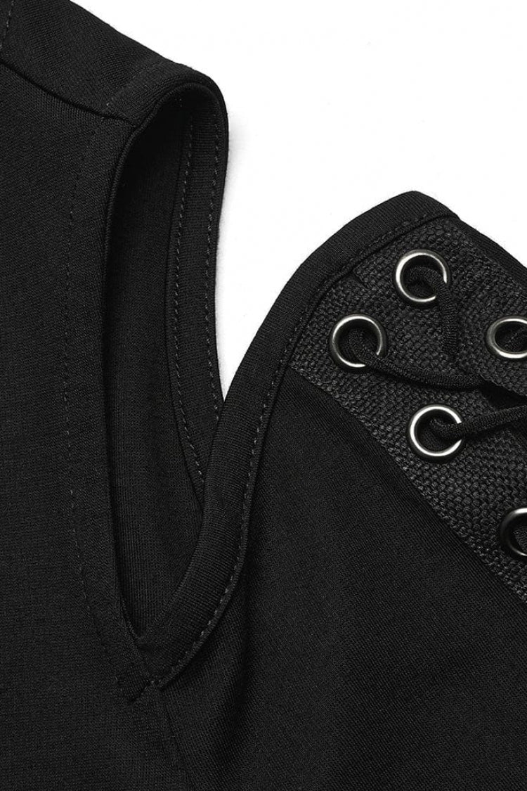Black V Collar Off Shoulder Long Sleeves Hollow Tie Rope Womens Steampunk T-Shirt - Product - 6