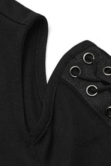 Black V Collar Off Shoulder Long Sleeves Hollow Tie Rope Womens Steampunk T-Shirt - Product - 6