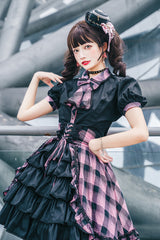Black/Purple Short Sleeves Multi-Layered Print Ruffle Cardigan Bowknot Asymmetric Sweet Lolita Skirt Set - Product - 9