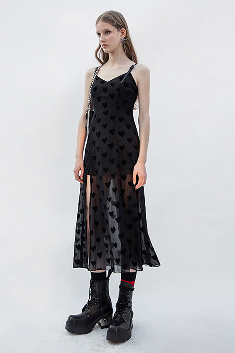 Black Heart Chiffon Waist Leather Sling Long Women's Gothic Dress - Product - 2