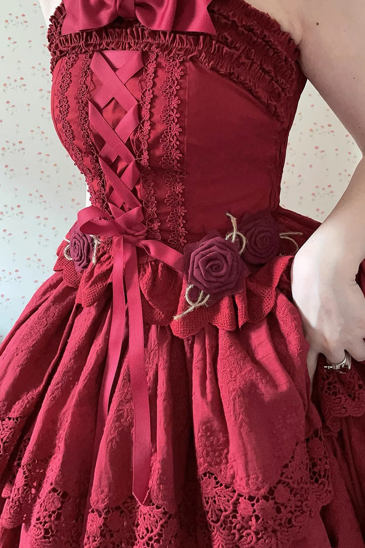 Wine Red [Forest Waltz] Embroidery Bowknot Lace-Up Slim Sweet Elegant Lolita Suspender Top - Product - 4