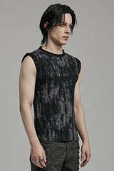 Black/Grey Round Collar Sleeveless Print Ripped Distressed Eyelet Men's Gothic Tank Top - Product - 2