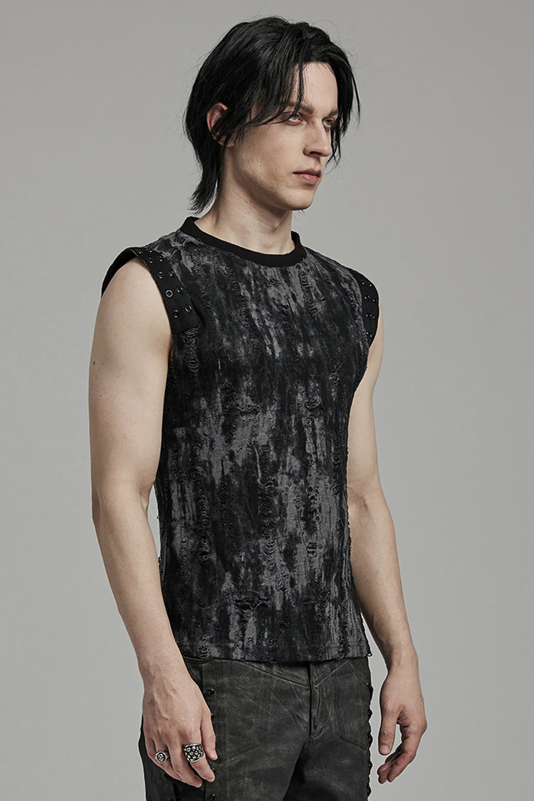 Black/Grey Round Collar Sleeveless Print Ripped Distressed Eyelet Men's Gothic Tank Top - Product - 2