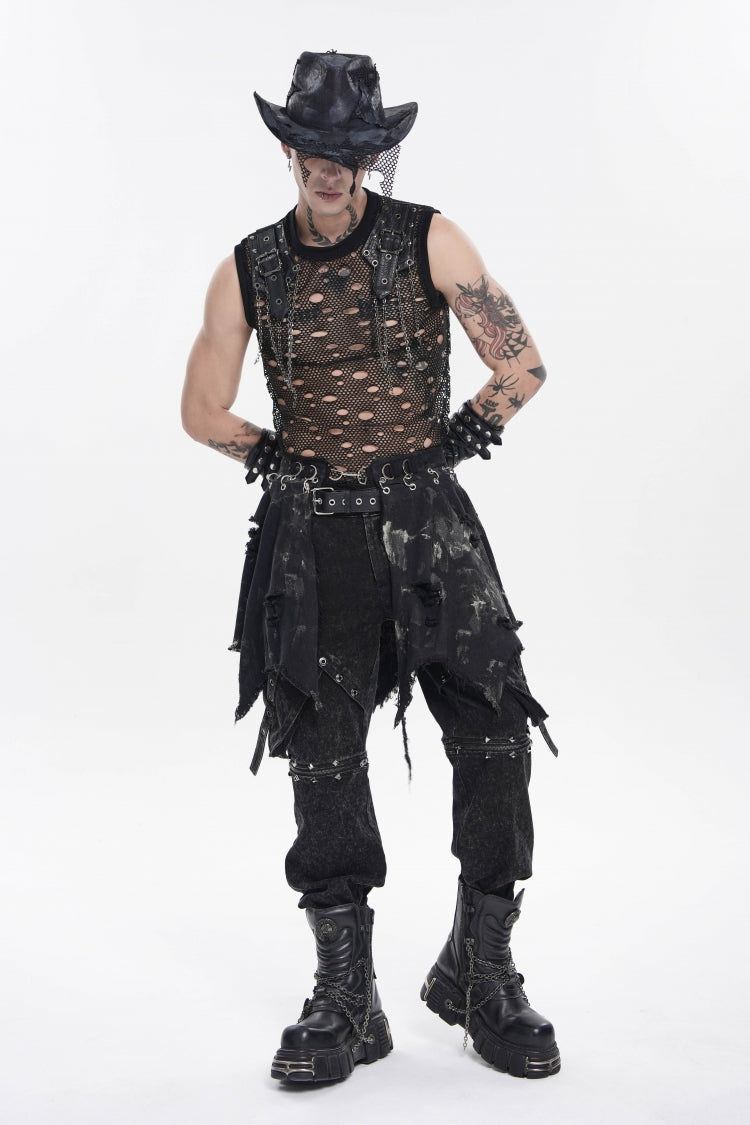 Black Irregular Ripped Buckled Pleated Chain-Decorated Men's Punk Skirt - Product - 3