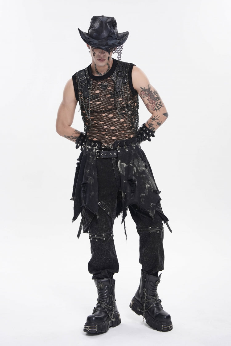 Black Irregular Ripped Buckled Pleated Chain-Decorated Men's Punk Skirt - Product - 3
