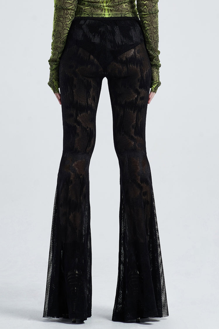 Black Python Print Mesh Women's Gothic Flared Pants - Product - 3