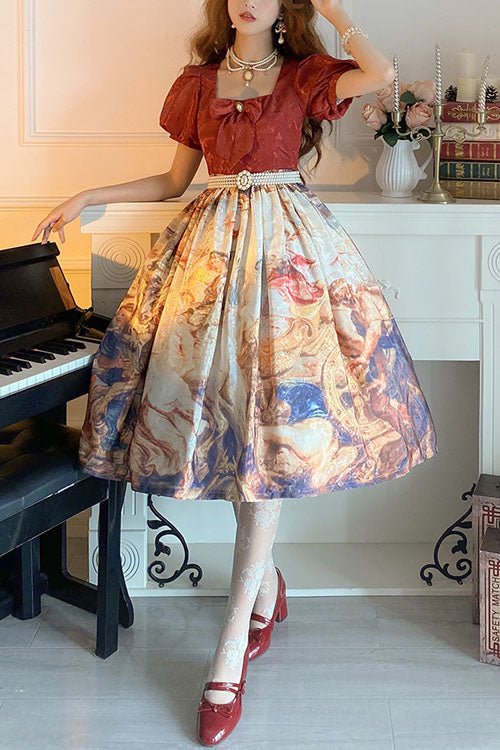 Red Puff Sleeve Church Victory Print Classic Lolita OP Dress - Red - 1