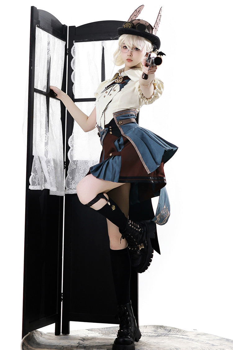 [Fairy Town Train Conductor] British Academy Short Sleeves Embroidery Punk Handsome Lolita Skirt Set - Product - 9