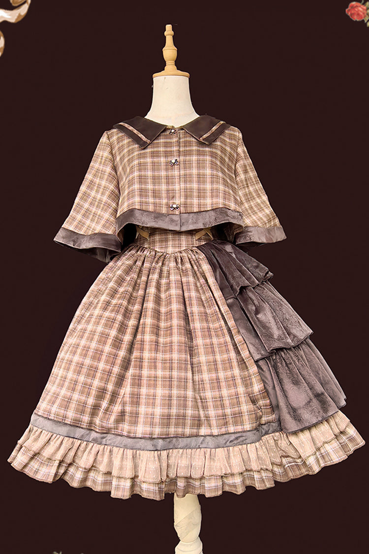 Brown [Morning Tune] Sleeveless High Waisted Print Ruffle Asymmetric Sweet Lolita Strap Dress - Product - 13
