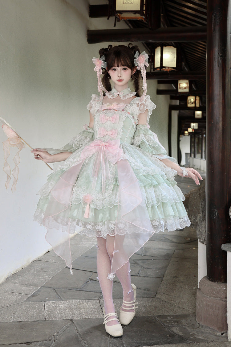 Green [Spring Waters Reflecting Pear Blossoms] Ruffled Embroidered Open-Front Bow Lace Sweet Lolita Jsk Dress - Product - 11