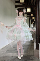 Green [Spring Waters Reflecting Pear Blossoms] Ruffled Embroidered Open-Front Bow Lace Sweet Lolita Jsk Dress - Product - 11