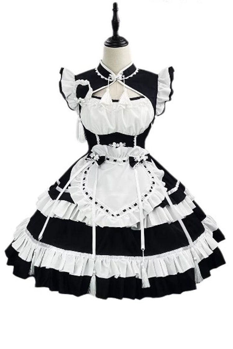Black/White Love Double-Layered Ruffle Bowknot Sweet Plus Size Chinese Style Lolita Dress Full Set - Product - 3