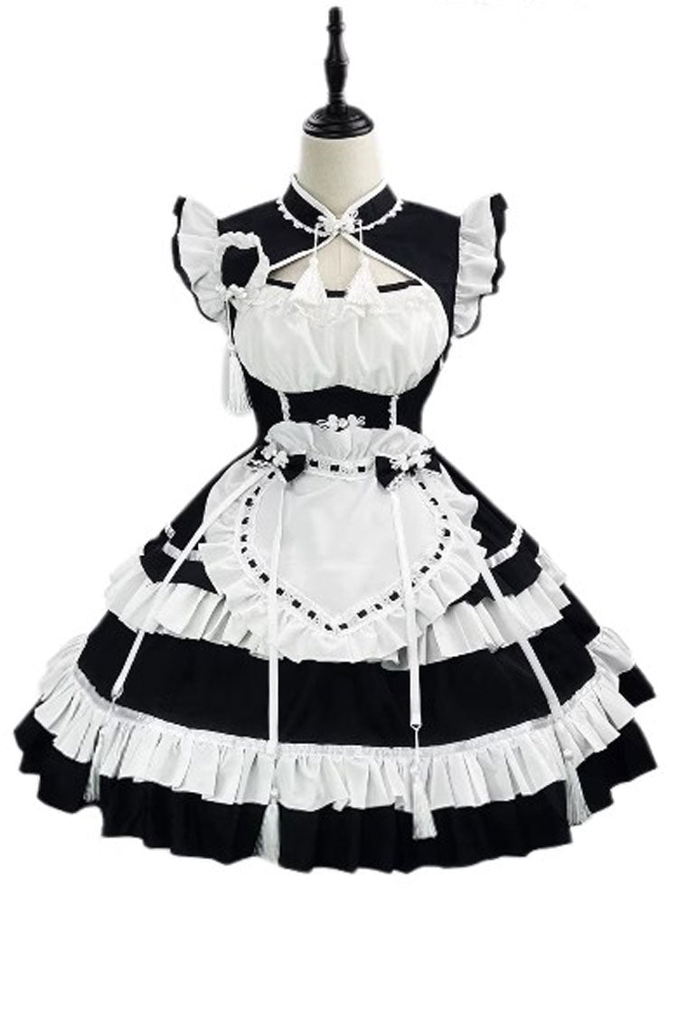 Black/White Love Double-Layered Ruffle Bowknot Sweet Plus Size Chinese Style Lolita Dress Full Set - Product - 3