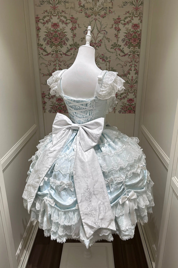Blue [Silk Satin Gift Box] Square Collar Sleeveless Multi-Layered Ruffled Bow Lace Sweet Lolita Jsk Dress - Product - 3