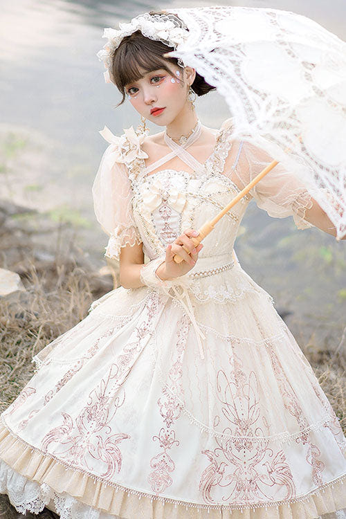 Apricot Gorgeous Hanayome Bowknot Lace Elegant Ruffled Sweet Lolita JSK Dress - Product - 3