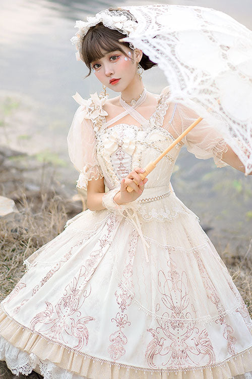 Apricot Gorgeous Hanayome Bowknot Lace Elegant Ruffled Sweet Lolita JSK Dress - Product - 3