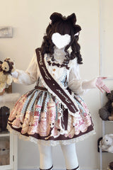 Multi-Color [Cat Chocolate Patisserie] Sleeveless Printed Ruffled Bow Lace Sweet Lolita Strap Dress - Product - 2