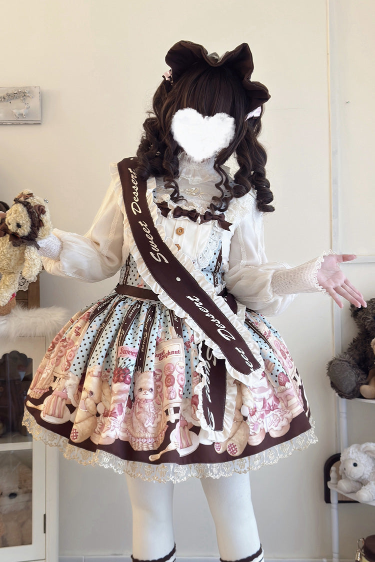 Multi-Color [Cat Chocolate Patisserie] Sleeveless Printed Ruffled Bow Lace Sweet Lolita Strap Dress - Product - 2