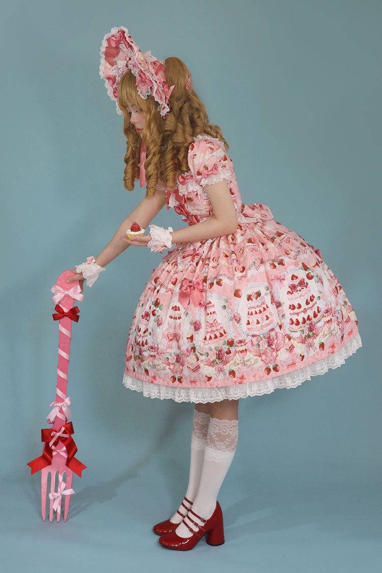 [Strawberry Cake Bouquet] Print Square Collar Short Sleeves Bowknot Lace Sweet Lolita Dress 3 Colors - Product - 11