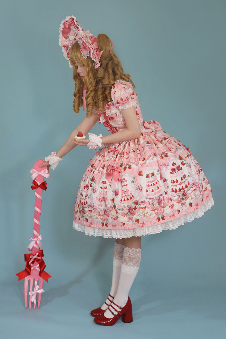 [Strawberry Cake Bouquet] Print Square Collar Short Sleeves Bowknot Lace Sweet Lolita Dress 3 Colors - Product - 11