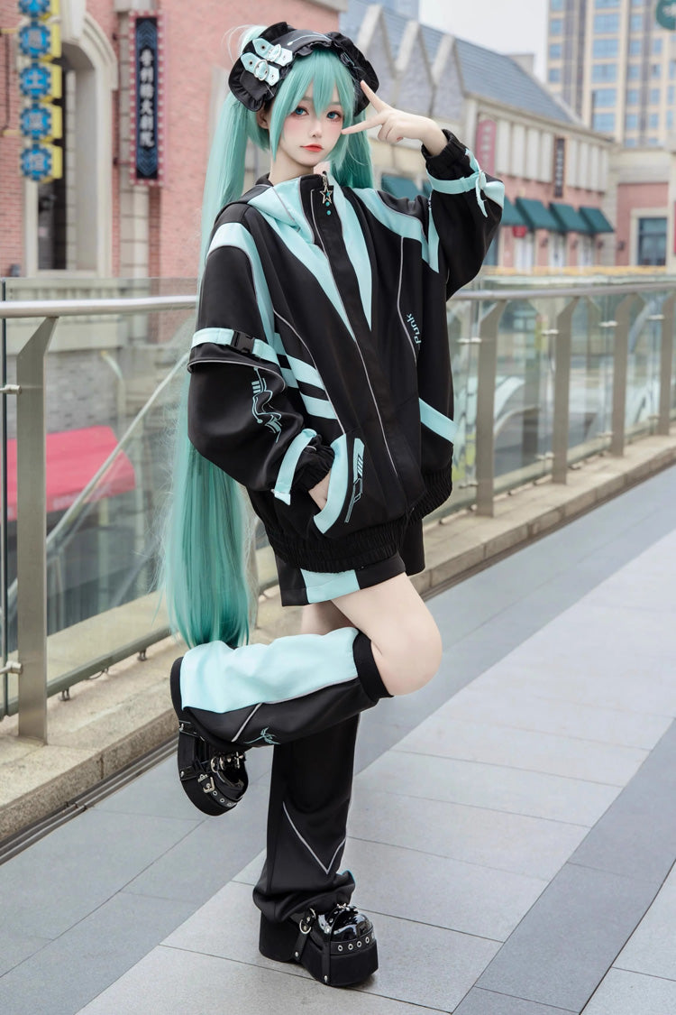 Black/Blue [Cyber Phantom] Hatsune Miku Long Sleeves Print Jirai Kei Cool Coat - Product - 2